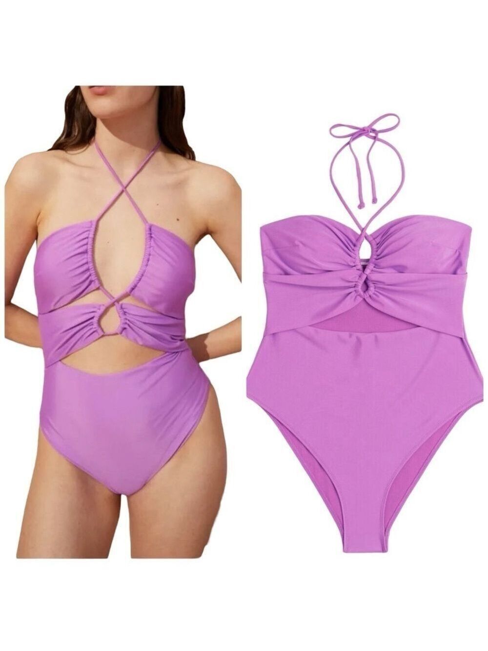 H&M Front Cut Out Padder Halter Neck One Piece High Leg One Piece Swimsuit